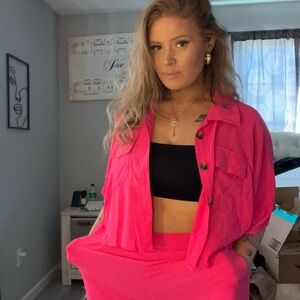 Vibrant Pink Button-Up Shirt and Pant Set